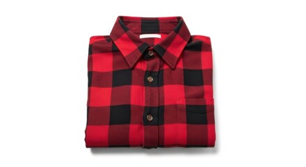 Folded red and black plaid flannel shirt isolated on white background