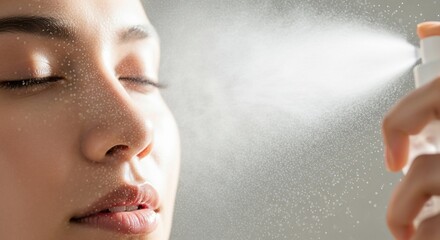 Close-up of a woman's face receiving a refreshing mist spray, with water droplets on her skin.