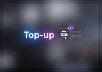 Abstract digital illustration of a "Top-up" payment concept with glowing icons on a frosted glass interface, representing modern financial transactions and online banking solutions.