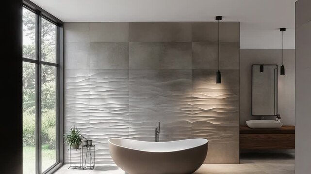 Modern bathroom interior with freestanding bathtub and textured tiles