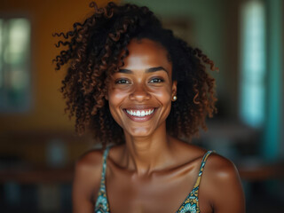 Jeune femme souriante aux cheveux bouclés profitant d’une lumière naturelle dans une ambiance chaleureuse et détendue