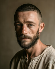 Obraz premium A Bearded Man Gazes Thoughtfully in Soft Diffused Light Against a Neutral Background