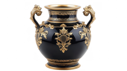 Ornate black vase features gold accents and floral patterns, showcasing fine craftsmanship and artistic detail