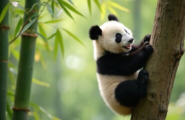 Adorable baby panda climbs tree, showing funny pose. This fluffy, black-and-white creature is symbol of conservation, found in its natural bamboo habitat. Lovely, cute mammal enjoying playful moments.
