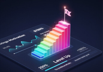 Conceptual 3D illustration of a digital finance dashboard with a rainbow-colored 'Level Up' bar graph leading to a flag, symbolizing the progression of savings and achieving financial goals.