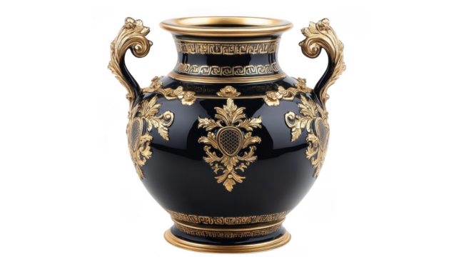 Ornate black vase features gold accents and floral patterns, showcasing fine craftsmanship and artistic detail