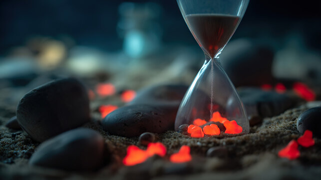 Translucent hourglass with memories as sand, some grains glowing red to signify cognitive health concerns.