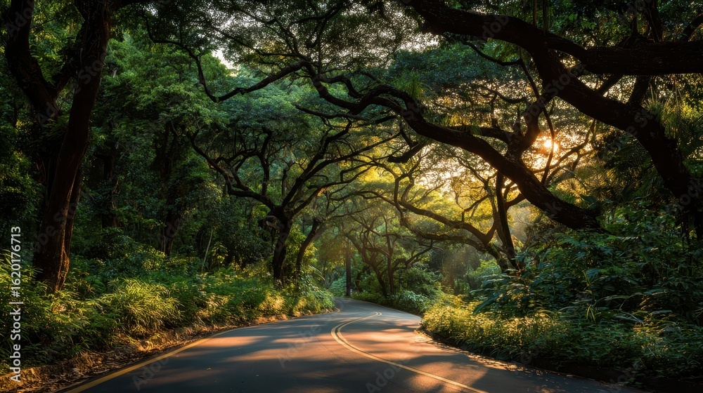 Canvas Prints sun shines through trees arching over a winding road in a lush forest. great for illustrating nature