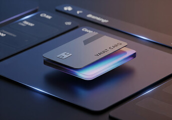 3D illustration of a metallic smart card with a holographic glow, representing a modern credit or debit card on a digital banking dashboard with secure financial services.