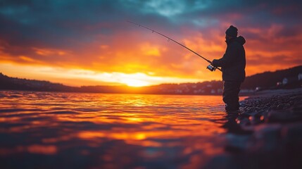 Silhouette of angler at sunset