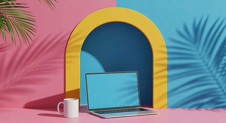 Modern Office Space with Laptop Mockup Coffee Mug Tropical Vibes and Vibrant Colors for Product Presentation and Creative Workspace