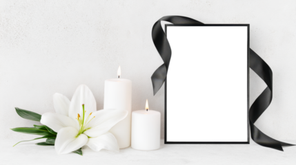 Elegant funeral frame adorned with black ribbon and lit candles creating a solemn tribute