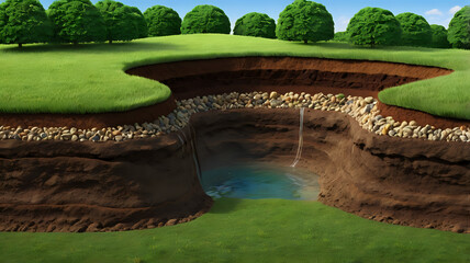 3D cross-section of a grassy hill with soil layers, tree roots, rocks, and underground water source, educational and detailed style