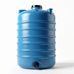 Large blue plastic water tank with black cap and spigot, isolated on white. Industrial storage container for clean, fresh liquids. Suitable for agriculture, domestic use, and commercial transport.