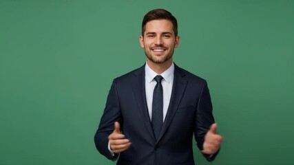 Successful handsome businessman in a formal suit making a welcoming gesture with a confident smile, isolated on green. - Powered by Adobe