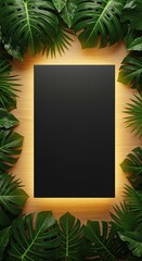 Tropical leaves framing a blank black board with warm light on a wooden background providing a versatile natural backdrop for presentations and design projects