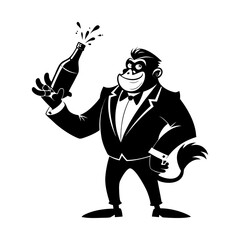 Boss Ape Silhouette Popping Champagne Bottle Celebration Vector | Powerful Alpha Ape Party Scene | Business Success Animal Art
