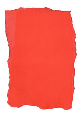 A torn piece of red paper with a rough texture, featuring uneven, jagged edges. The vibrant red color contrasts sharply. The paper is rectangular.