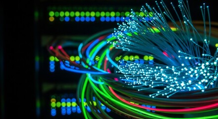 Close-up of glowing fiber optic cables in a server room with blurred lights