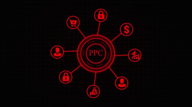 Animated graphic of ppc icons and components on a dark red grid background