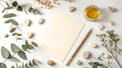 Flat lay of blank paper pencil eucalyptus leaves and small stones for creative inspiration