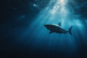 Fototapeta premium Great white shark swims gracefully through sunlit ocean depths. Evoke fear, power, or the mystery of marine life.