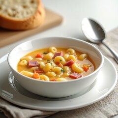 Hearty bowl of macaroni soup with diced ham, carrots, and parsley. This savory dish is served in white bowl with spoon and crusty bread in background, offering comforting and delicious meal.