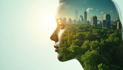 Double exposure illustration merges person profile with lush green city landscape. Focus on sustainability, urban planning, and climate change awareness. Green urban future concept.
