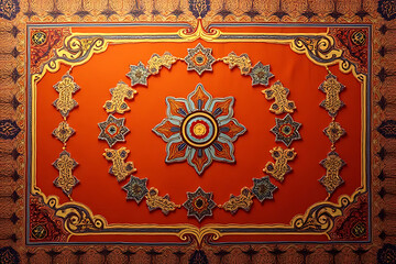 Decorative Indian cloth texture in pastel and rich jewel hues, arranged to highlight central 
