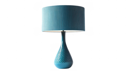 Bright turquoise lamp with a textured shade adds vibrant color to any table in a contemporary living space