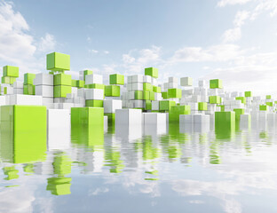 3D rendering of light green and white cubes on the horizon, creating an abstract cityscape with reflections on the water surface