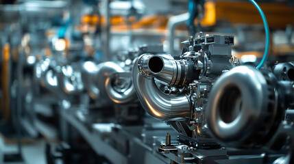 Fototapeta premium Shiny Metal Car Engine Parts on a Modern Factory Production Line