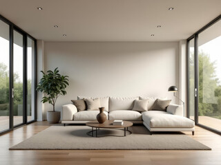 Fototapeta premium Salon moderne et lumineux avec canapé beige, décoration minimaliste et grandes baies vitrées élégantes