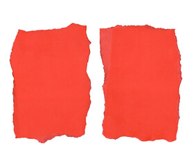 Two torn red paper fragments with jagged edges. The scraps are flat and smooth with no visible wrinkles, suitable for design purposes.