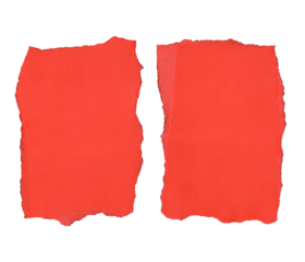 Two torn red paper fragments with jagged edges. The scraps are flat and smooth with no visible wrinkles, suitable for design purposes.