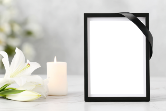 Elegant funeral frame with black ribbon for honoring loved ones in remembrance