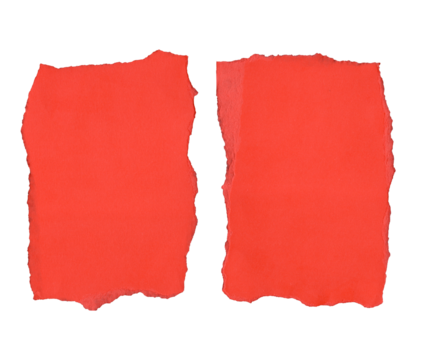Two torn red paper fragments with jagged edges. The scraps are flat and smooth with no visible wrinkles, suitable for design purposes.