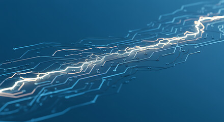 Abstract visualization of a glowing energy pulse traveling through a futuristic circuit board representing a digital data transfer concept