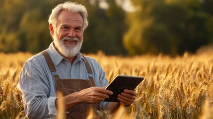 Smiling farmer uses tablet in wheat field