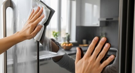 Close-up of hands cleaning a modern stainless steel refrigerator with a microfiber cloth