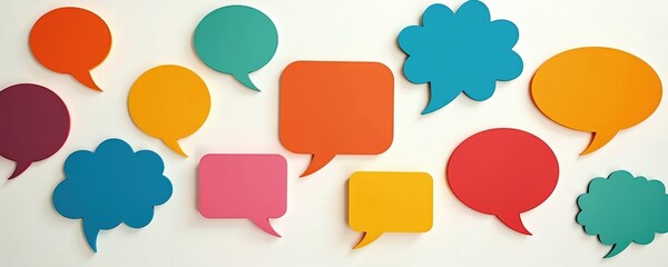 Collection of colorful speech bubbles in various shapes, sizes arranged on seamless white background. Graphic element represents communication, discussion, dialogue, perfect for messages, chat,
