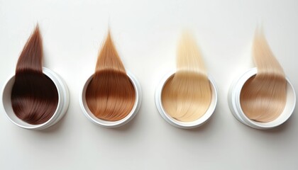 Four white containers display hair color swatches dark brown, auburn, blonde, light blonde. Vibrant hair dye samples offer clear color comparison for salon styling personal hair dyeing choices.