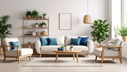 Serene and modern living room interior design with a comfortable sofa, wooden furniture, houseplants, and a blank mock up poster frame.