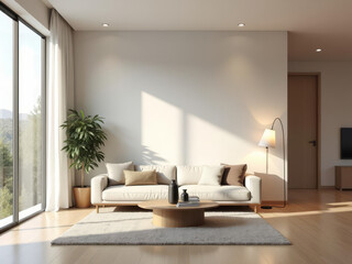 Salon moderne et lumineux avec canapé beige, décoration minimaliste et touche naturelle verdoyante




