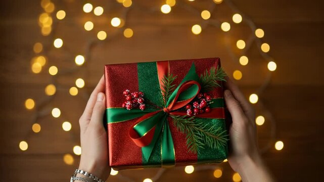 Gift box held high festive holiday lighting