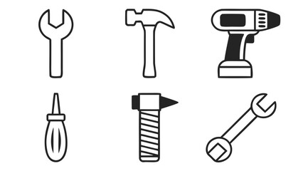 Set of simple line art icons for gears hammer and screwdriver