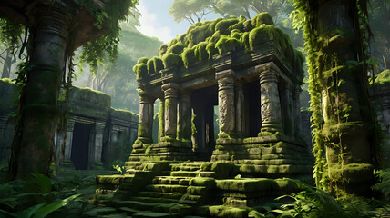 Obraz premium 3D overgrown ruins in the jungle — mossy stone temple with vines, dappled light cutting through the canopy 