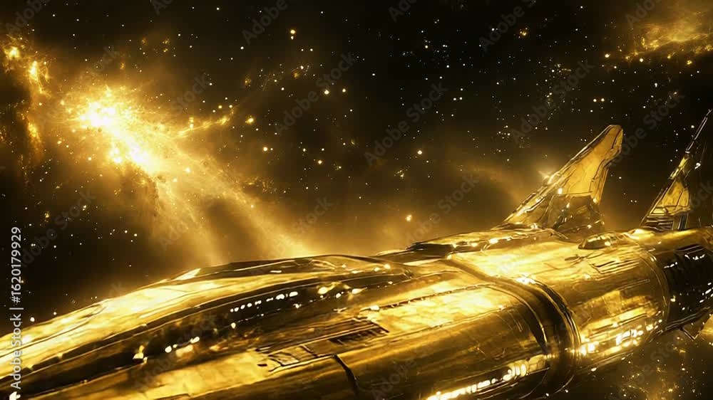 Sticker golden spaceship exploring a nebula in deep space