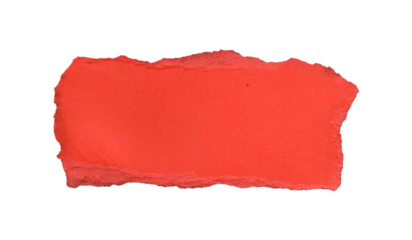 A torn piece of bright red cardboard with rough, uneven edges. Its irregular shape and vibrant color make it suitable for use as a decorative element or label.