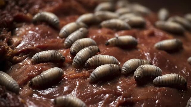 Macro View of Creepy Crawling Maggots, Fly larvae, Maggots. A close-up macro view of a teeming colony of maggots. The fly larvae are writhing in soil, part of the natural decomposition cycle.